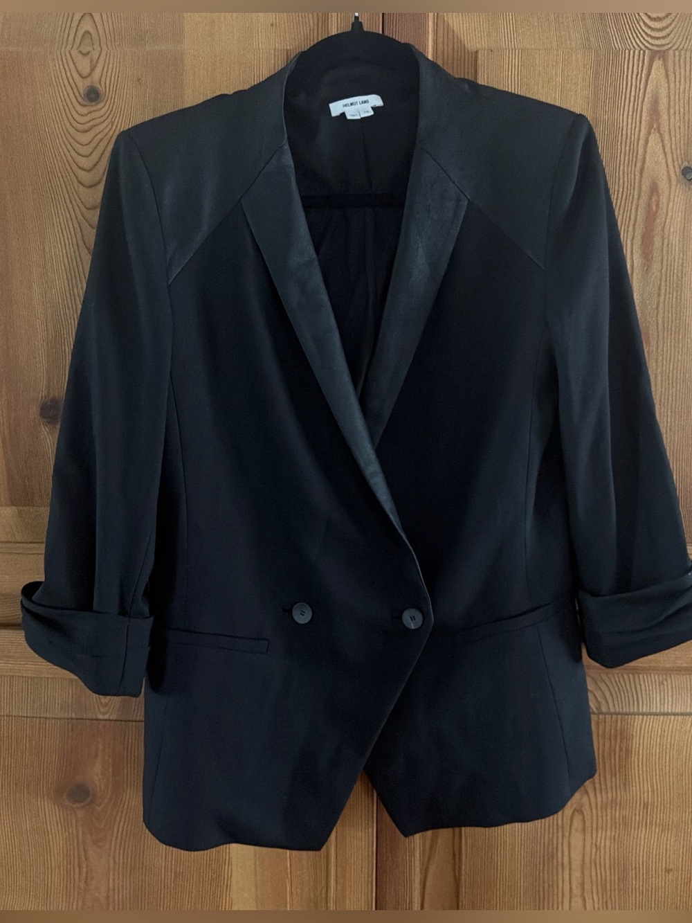 Helmut Lang Black Wool Blazer Leather Trim Size 10 Designer Edgy Soho Downtown - Picture 6 of 14